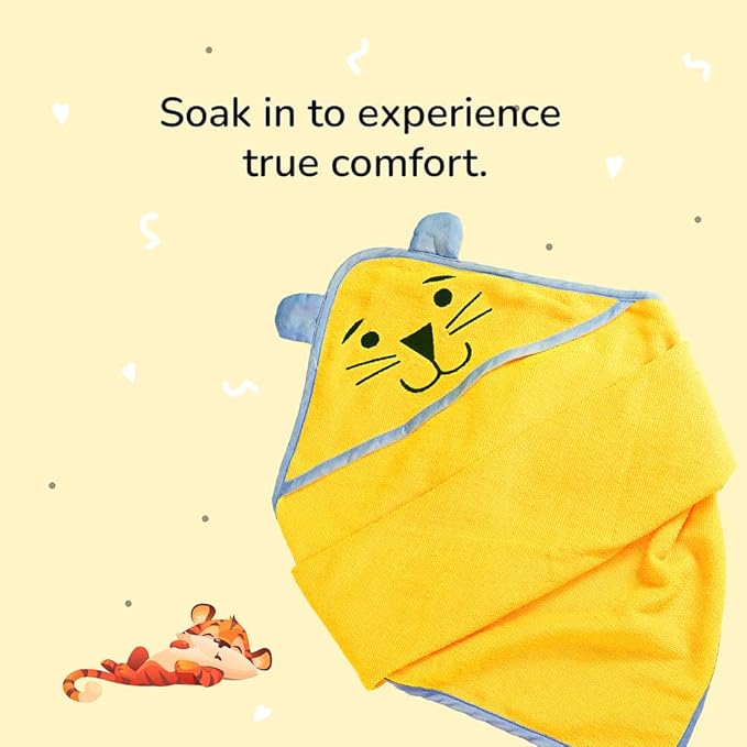 Tinylane 100% Cotton Terry Baby Hooded Towel for New Born, Super Soft Highly Absorbent, Size - 68 x 68cm, 0-2 Years (Yellow Bear)