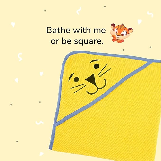 Tinylane 100% Cotton Terry Baby Hooded Towel for New Born, Super Soft Highly Absorbent, Size - 68 x 68cm, 0-2 Years (Yellow Bear)