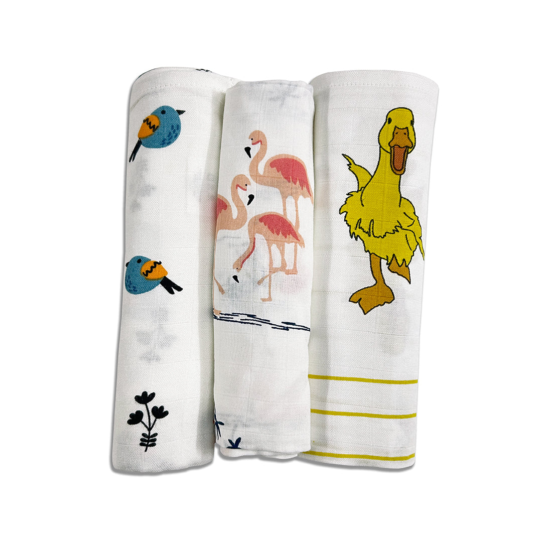 Duck+Flamingo+Bird Baby Swaddle Wrap | Pack Of 3 | 90 X 90 cm