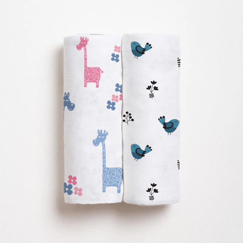 Lanky Giraffe & Tweeting Bird Bamboo Swaddle Set | Pack Of 2 | 90 x 90 cm