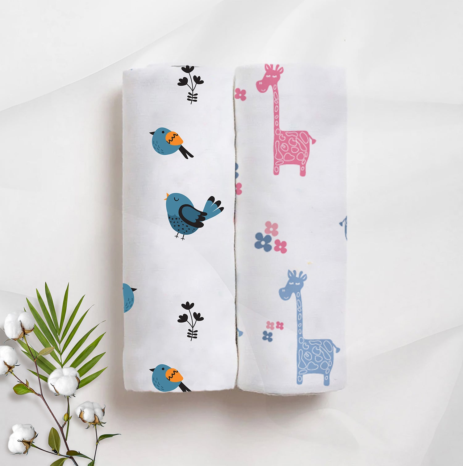 Lanky Giraffe & Tweeting Bird Bamboo Swaddle Set | Pack Of 2 | 90 x 90 cm