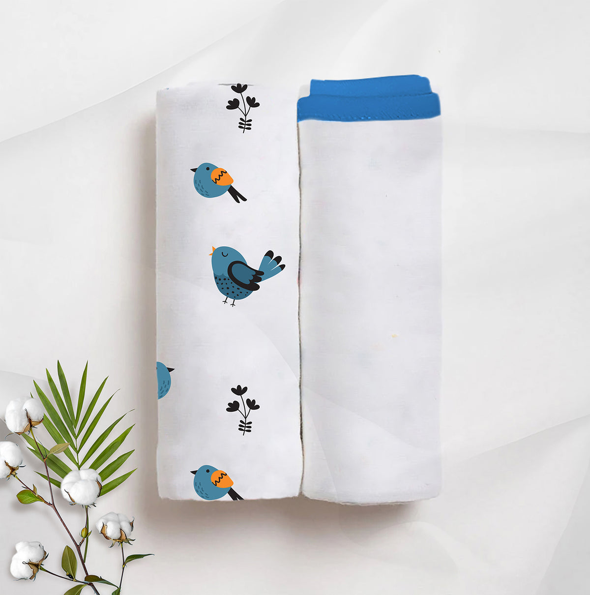 Tweeting Bird & Classic White Baby Swaddle Set | Pack Of 2 | 90 x 90 cm