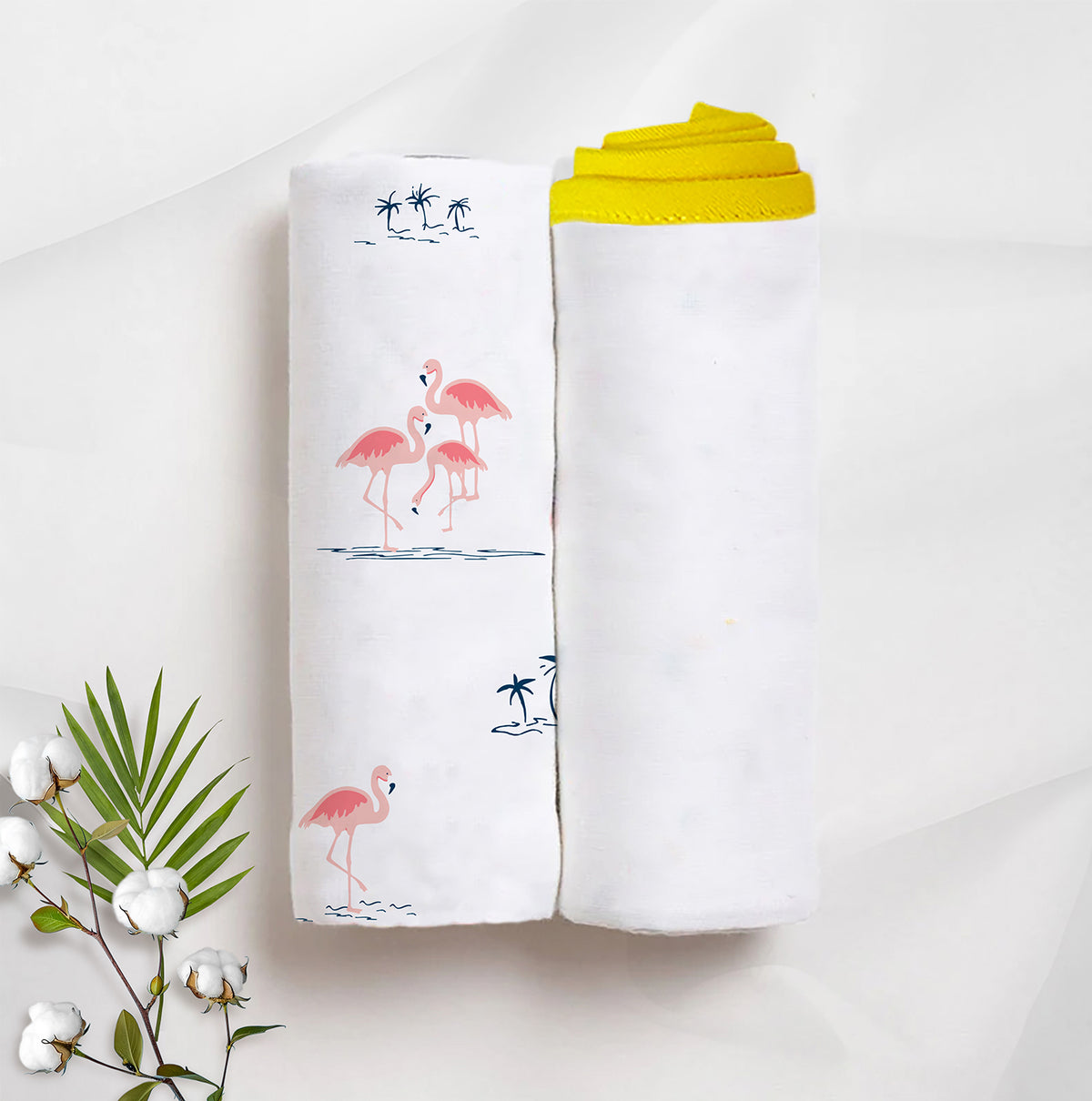 Fab Flamingo & Classic White Baby Swaddle Set | Pack Of 2 | 90 x 90 cm