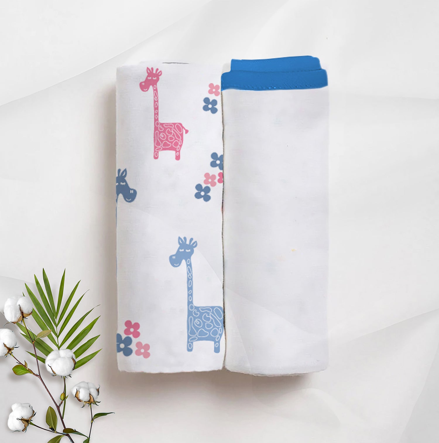 Lanky Giraffe & Classic White Baby Swaddle Set | Pack Of 2 | 90 x 90 cm