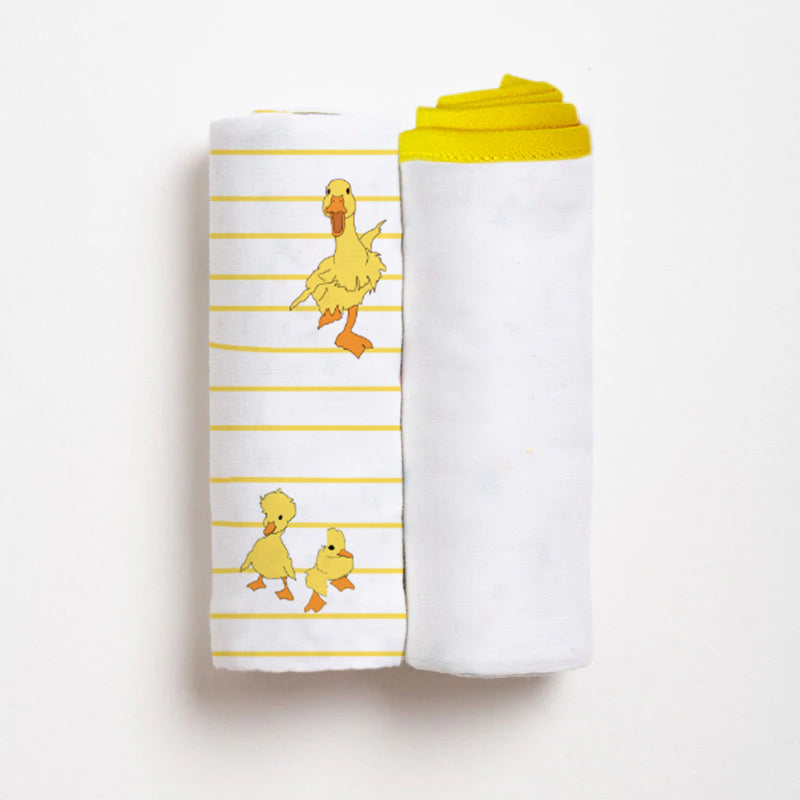 Dancing Duck & Classic White Baby Swaddle Set | Pack Of 2 | 90 x 90 cm