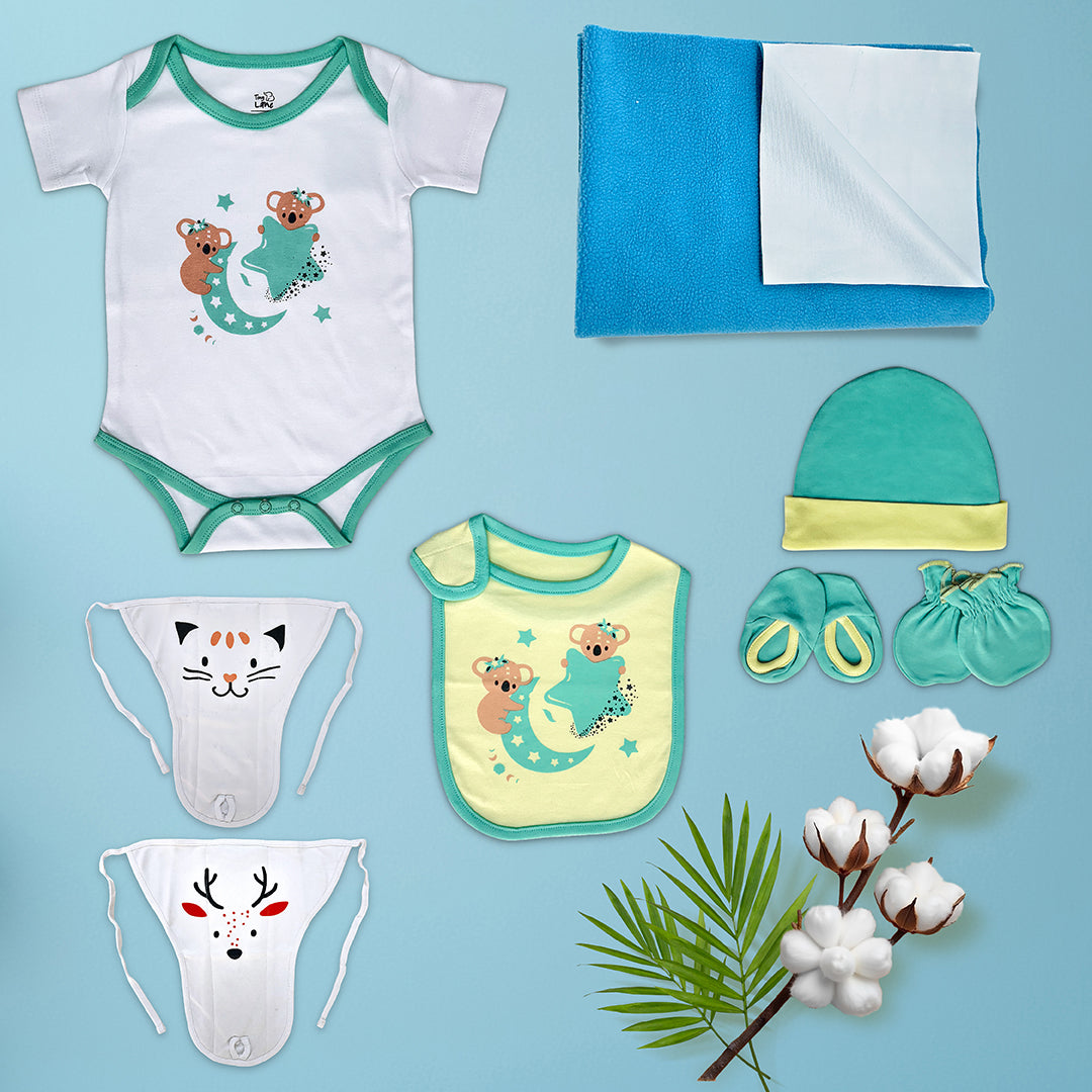 Neonatal Essentials - (set of 7) variant 1: Onesie - 1kresent koala + 2 Nappy +1 mint green CBM +1 KK bib+ blue Dry mat
