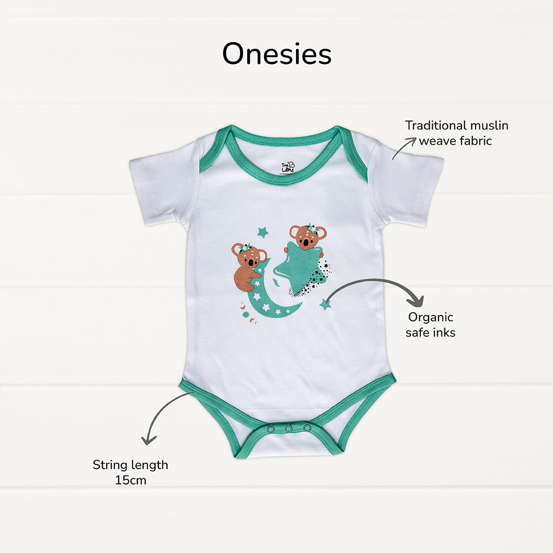Neonatal Essentials - (set of 7) variant 1: Onesie - 1kresent koala + 2 Nappy +1 mint green CBM +1 KK bib+ blue Dry mat