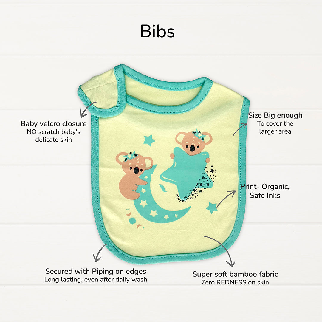 Neonatal Essentials - (set of 7) variant 1: Onesie - 1kresent koala + 2 Nappy +1 mint green CBM +1 KK bib+ blue Dry mat