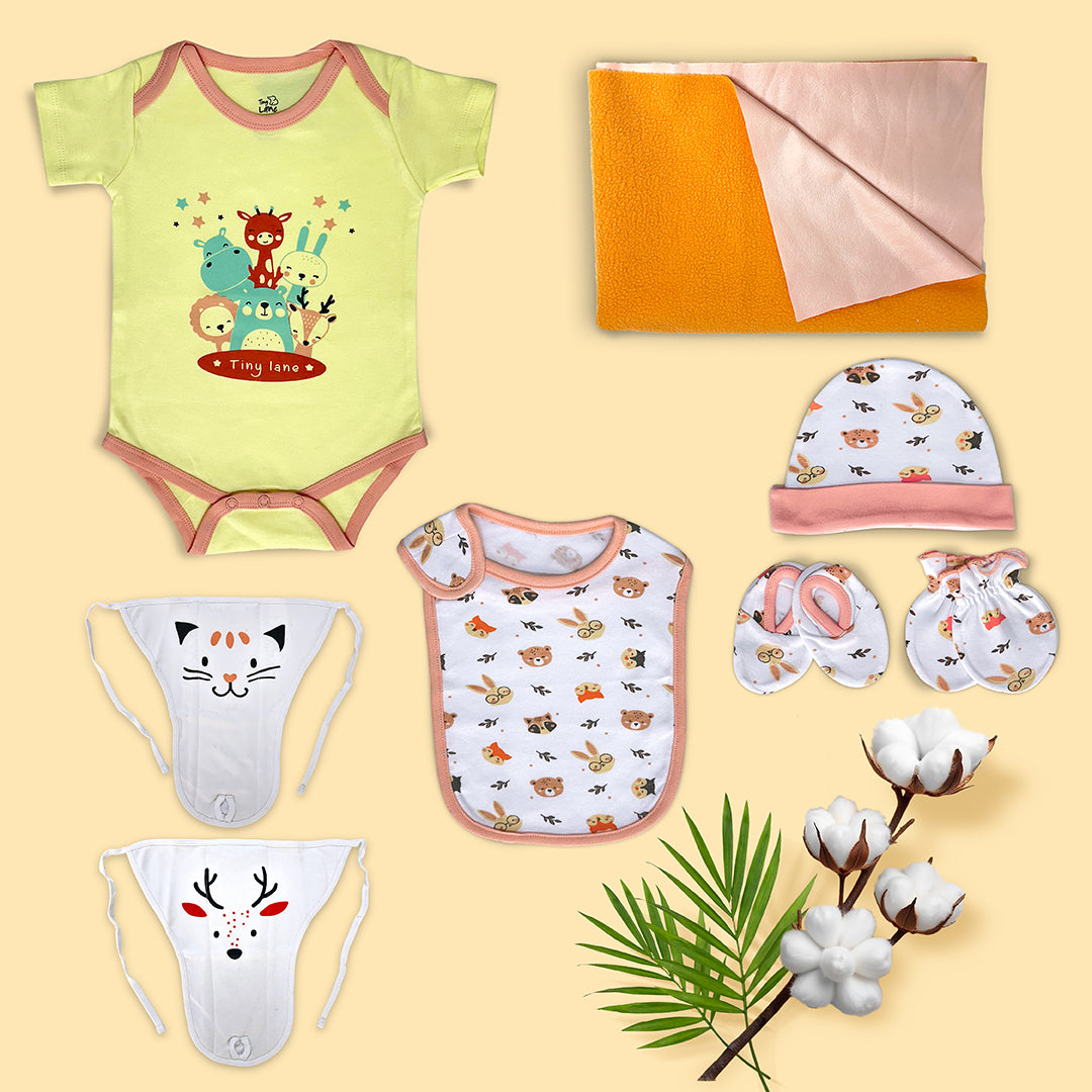 Neonatal Essentials - (set of 7) - variant - 3| Onesie - Jolly ride + 2 Nappy +1 Animal face CBM +1 Animal face bib+ Orange Dry mat