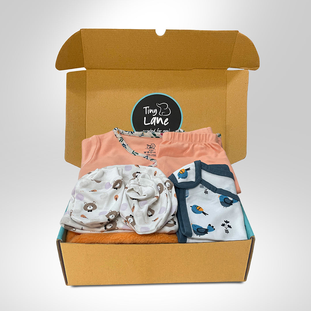 QUICK - Baby Essentials (set of 7)- Peach Jhabla + Peach Legging+ New Panda CBM + 1 Bib- Bird + Orange Drymat