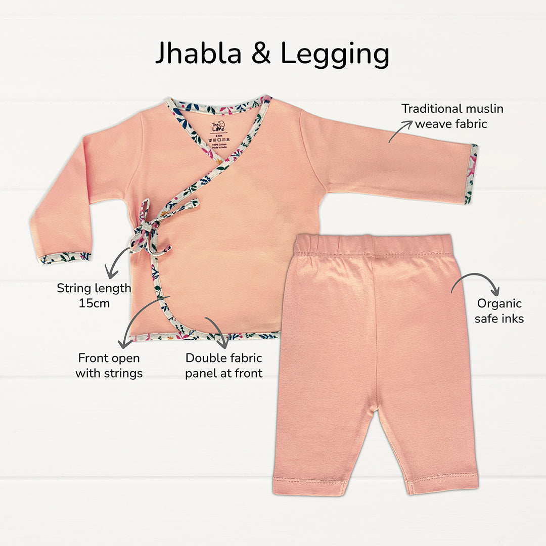 QUICK - Baby Essentials (set of 7)- Peach Jhabla + Peach Legging+ New Panda CBM + 1 Bib- Bird + Orange Drymat