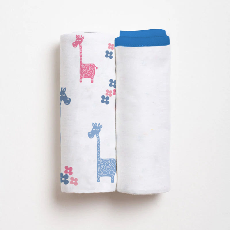 Lanky Giraffe & Classic White Baby Swaddle Set | Pack Of 2 | 90 x 90 cm