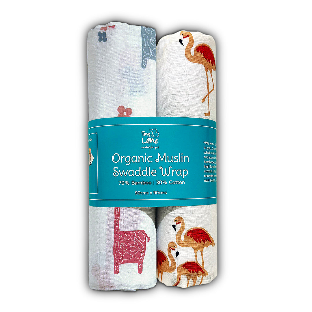 Fab Flamingo & Lanky Giraffe Baby Swaddle Set | Pack Of 2  | 90 x 90 cm