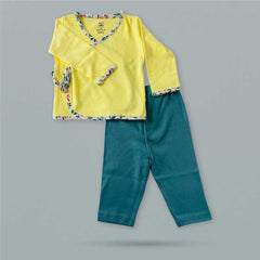 Organic Newborn Baby Clothing Set  | Yellow Jhabla, Teal Legging, & Rainbow Bib