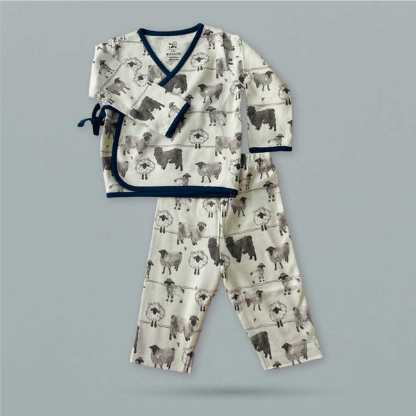 Organic Newborn Baby Clothing Set | Sheep Jhabla, Legging, & Bib