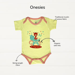 Neonatal Essentials - (set of 7) - variant  - 3| Onesie - Jolly ride + 2 Nappy +1 Animal face CBM +1 Animal face bib+ Orange Dry mat
