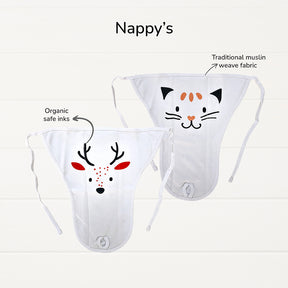 Neonatal Essentials - (set of 7) - variant  - 3| Onesie - Jolly ride + 2 Nappy +1 Animal face CBM +1 Animal face bib+ Orange Dry mat