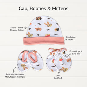 Neonatal Essentials - (set of 7) - variant  - 3| Onesie - Jolly ride + 2 Nappy +1 Animal face CBM +1 Animal face bib+ Orange Dry mat