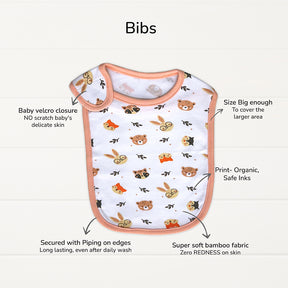 Neonatal Essentials - (set of 7) - variant  - 3| Onesie - Jolly ride + 2 Nappy +1 Animal face CBM +1 Animal face bib+ Orange Dry mat