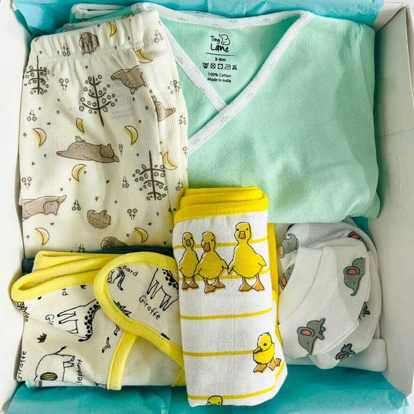 All In One Baby Minty Giftset Pack Of 11 - Baby Vests, Pants, Bibs, Washcloths(D+P), Cap, Booties, and Mittens Set
