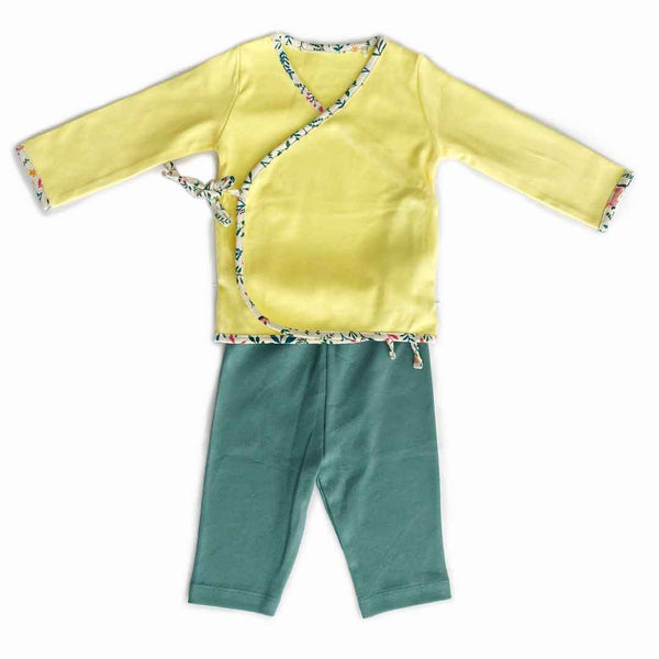 Organic Newborn Baby Clothing Set  | Yellow Jhabla, Teal Legging, & Rainbow Bib