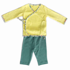 Organic Newborn Baby Clothing Set  | Yellow Jhabla, Teal Legging, & Rainbow Bib