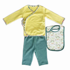 Organic Newborn Baby Clothing Set  | Yellow Jhabla, Teal Legging, & Rainbow Bib