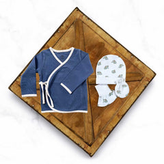 All in One Newborn Baby Gift Pack [Pack of 6 Pieces] - 1 Jhabla(Blue) & Elefantastic Set(Cap, Booties, Mittens)