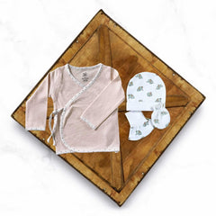 All in One Newborn Baby Gift Pack [Pack of 6 Pieces] - 1 Jhabla(Peach) & Elefantastic Set(Cap, Booties, Mittens)