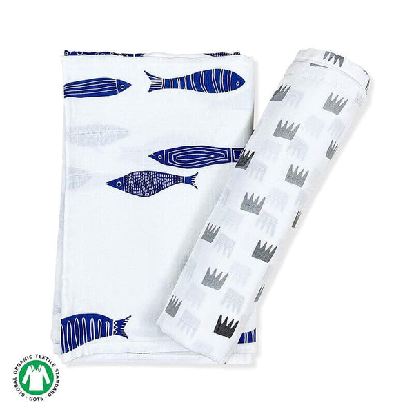 Grey Crowns & Indigo Aquarium Combo Swaddles(120cmx120cm) - Pack of 2